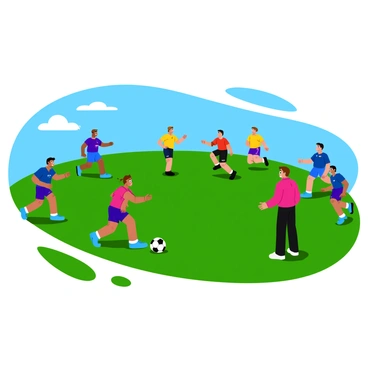 A diverse team of athletes engaged in an intense training session on a bright green field. The players are in various colored jerseys, actively practicing passing drills. Some players are in motion, running towards each other while others are positioned to receive the ball. A coach stands on the sidelines, directing the session with a whistle in hand. The sun shines brightly in a clear blue sky, casting shadows on the grass as the players focus on their skills.