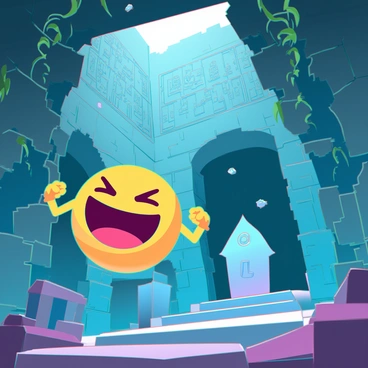 A round, yellow character resembling "Pac-Man" is navigating through "ancient ruins" filled with "crumbling stone walls" covered in moss and vines. The environment features "hidden chambers" with dark corners and intricate carvings on the walls, depicting lost civilizations. Sunlight streams through gaps in the ceiling, illuminating the dust particles in the air. Pac-Man is depicted in a dynamic pose, seemingly excited by the discovery of a "hidden passage" that leads deeper into the ruins. Various ancient artifacts and relics are scattered around, hinting at the history of this long-forgotten place.