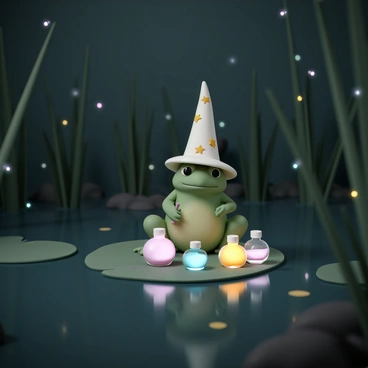 A green frog, sitting on a lily pad in a murky swamp, is wearing a tall, pointed wizard's hat with stars and moons. The frog is focused, holding a small wand in one of its webbed feet. In front of it, there are several glowing potions in varying shapes and colors, emitting a soft light. The swamp is framed by tall reeds and dark water, with a few fireflies illuminating the scene.