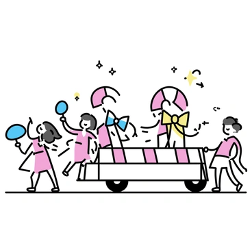 A parade float shaped like a giant candy cane surrounded by dancers