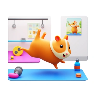 A cute animated guinea pig with a fluffy coat is energetically attempting burpees in a miniature gym. The gym features tiny exercise equipment, including a small set of weights and a colorful yoga mat. The guinea pig has bright, expressive eyes and a cheerful demeanor as it jumps and lands on its little paws. There are small dumbbells nearby and a tiny water bottle with a colorful label. The background includes cheerful decorations like posters of other animals doing exercises.