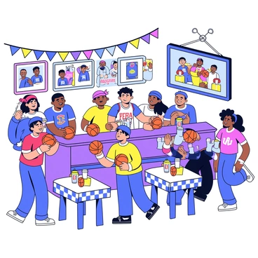 A lively college sports bar filled with decorations related to "basketball." The walls are adorned with vibrant posters of basketball players and teams, while streamers in team colors hang from the ceiling. There are tables covered with checkered tablecloths and small basketballs as centerpieces. Patrons are wearing jerseys and costumes that represent their favorite teams. A large screen displays a live basketball game, with fans cheering enthusiastically. The bar area features drinks served in cups designed like basketballs.