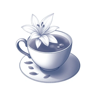 A cup filled with herbal tea sits on a flat surface. The cup is elegantly designed with delicate curves and a small handle. Floating on the surface of the tea is a "white lily," its petals open and displaying intricate textures. The tea in the cup has a glossy surface that reflects the light, creating a slight shimmer. Surrounding the cup are small hints of tea leaves, emphasizing the herbal nature of the beverage. The overall composition conveys a sense of calm and tranquility.