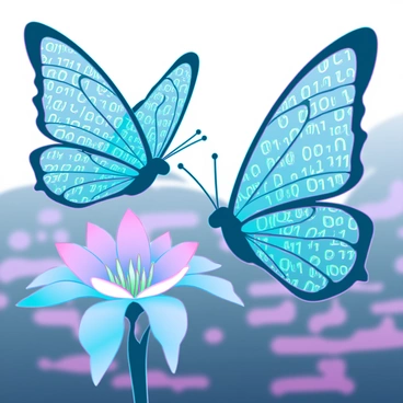 Two butterflies with delicate wings showcasing intricate patterns of glowing binary code. Their wings are semi-transparent, with bright, neon blue and green hues illuminating the surroundings. The butterflies are in mid-flight, hovering near a blooming futuristic flower that has metallic petals. The background consists of a blurred digital landscape, enhancing the ethereal quality of the scene.