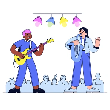 A cartoon musician is playing an electric guitar with vibrant colors and exaggerated features, standing on the left side of the stage. Beside them, an illustrated musician is playing a bright blue saxophone with a smooth body and clear details. The stage is decorated with colorful lights above, illuminating the performers. The background showcases a simple representation of a cheering audience, with a few outlined figures clapping their hands in excitement.