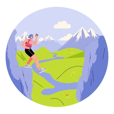 A person wearing a bright red tank top and black shorts is performing calf raises at the edge of a rocky mountain cliff. The person's arms are raised for balance, and their muscles are visibly defined. Below the cliff, a breathtaking view of vast landscapes stretches out, featuring rolling green hills, a winding river, and patches of colorful wildflowers. In the distance, snow-capped mountains rise majestically against a clear blue sky. Soft white clouds float above, adding depth to the scene.