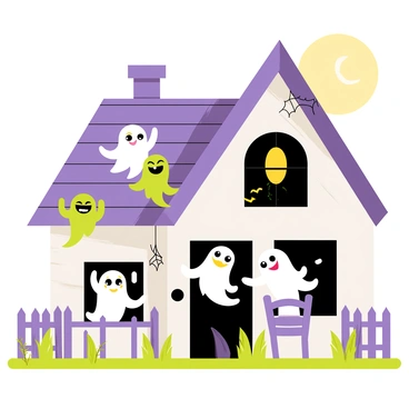 A haunted house with a crooked roof and wooden panels, surrounded by a rickety fence and overgrown weeds. Inside, several cartoon ghosts with playful expressions float around, some wearing mischievous grins and others with their eyes wide open in excitement. One ghost is pulling the curtains while another is playfully tipping over a chair. A cobweb hangs in the corner, and the walls are adorned with spooky but charming drawings. A full moon shines through a broken window, casting a soft light on the scene.