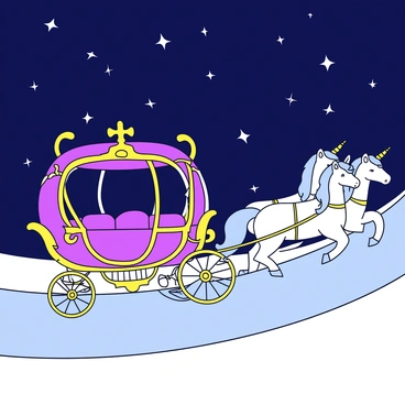 A royal carriage with ornate golden details and deep purple velvet upholstery. The carriage is being pulled by two majestic unicorns, each with a shimmering white coat and a spiraled horn that reflects the starlight. The road beneath is winding and paved with smooth stones, illuminated by a canopy of twinkling stars above. The background features a dark blue night sky, enhancing the luminous glow of the stars.