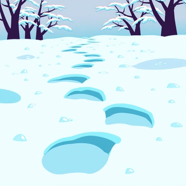 A series of delicate footprints leads through a blanket of freshly fallen snow. Each footprint is clearly defined, showing the soft shape of a boot or shoe, gently compressing the white layer beneath. The surrounding snow glistens with tiny crystals, reflecting the cold light of a muted sky. In the background, snow-laden trees stand still, their branches heavy with white. The overall scene conveys a sense of tranquility and a moment just after the snowfall, untouched except for the path of footprints winding through the winter landscape.