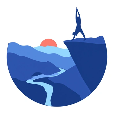 A person is performing a yoga pose on the edge of a cliff, with their silhouette framed against the brightening sky. The vast landscape below features rolling hills and a river winding through the valleys. The sun is rising, casting a warm glow from the horizon, illuminating the scene with an orange light that contrasts against the deep blue of the early morning sky. The person's posture is balanced and focused, embodying tranquility in this breathtaking natural setting.