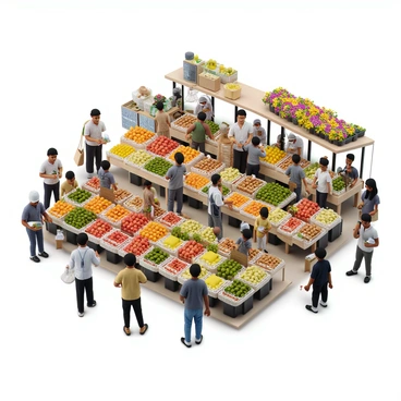 A bustling market scene filled with a variety of stalls offering fresh produce. There are colorful displays of fruits such as red apples, yellow bananas, and green cucumbers arranged neatly. Vendors with different skin tones are interacting with customers, some sampling fruits while others are examining the goods. In the background, a stall is adorned with vibrant flowers in multiple hues. People are walking around, carrying shopping bags, and engaging in lively conversations. The atmosphere is lively and dynamic, showcasing the essence of a vibrant marketplace.