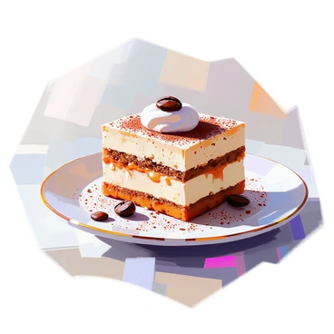 A close-up view of a piece of "Baileys tiramisu" served on a delicate white plate. The dessert features multiple distinct "layers of cream" and "coffee-soaked ladyfingers" that are visibly stacked. A dusting of cocoa powder is sprinkled on top, adding depth to the appearance. The tiramisu is garnished with a small dollop of "whipped cream" and a few coffee beans for decoration. The edges of the layers are slightly exposed, showcasing the contrasting textures of the creamy filling and the soft, soaked ladyfingers.