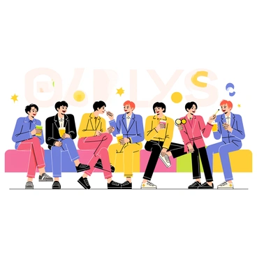 Seven BTS members are seated on a series of colorful cushions backstage, surrounded by soft lighting. Each member has a distinct hairstyle and outfit, showcasing their unique styles. Some members are leaning back with relaxed expressions, while others are animatedly chatting and laughing. One member is holding a small handheld mirror, checking his reflection, while another is sipping from a bright drink. The atmosphere is lively, with scattered concert gear and a backdrop featuring their logo. A few playful expressions and hand gestures enhance the cheerful mood of the scene.