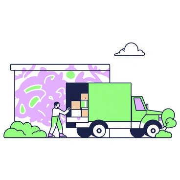 A moving truck is parked adjacent to a building. The truck has an open back filled with cardboard boxes and furniture. The building features a large graffiti mural that spans across its side, depicting abstract shapes and figures. Surrounding the truck, there are patches of grass and a few trees. In the foreground, a person is unloading a box from the truck while looking at the mural. The sky above is clear with a few clouds.