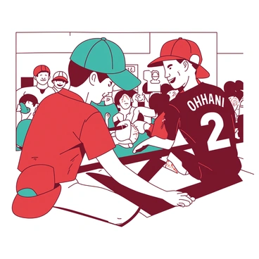 A teal baseball cap is perched on the head of a young fan with a bright smile. The fan is holding a white baseball in their hands, eagerly waiting. Shohei Ohtani, wearing a red jersey with his name on the back, is kneeling down to sign the baseball. His focused expression shows his dedication as he uses a black pen to write his autograph. In the background, a crowd is gathered, creating a lively atmosphere of excitement and admiration for the moment.