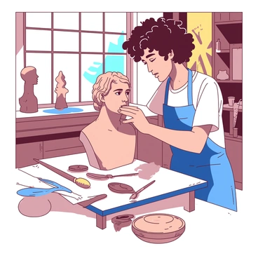 A sculptor with curly hair is focused on putting the final touch on a clay statue in a sunlit studio. The sculptor is wearing a blue apron and has clay-covered hands, shaping the details of the statue's face. Sunlight streams through a large window, casting soft shadows on the wooden floor. Surrounding the sculptor, there are various tools scattered on a workbench, including sculpting knives and brushes. In the background, shelves hold other unfinished sculptures, creating a creative atmosphere in the vibrant studio.
