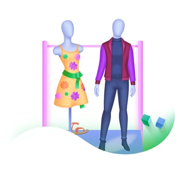 Two mannequins are positioned side by side in a well-lit display area. The first mannequin is dressed in a colorful and cheerful outfit, featuring a bright yellow dress adorned with multicolored floral patterns. Accessories include a vibrant green belt and matching sandals. The second mannequin is dressed in a dark and moody outfit, showcasing a deep burgundy jacket over a sleek black turtleneck, complemented by dark jeans and ankle boots. The contrasting styles are visually striking, highlighting the difference in color palettes and moods between the two outfits.