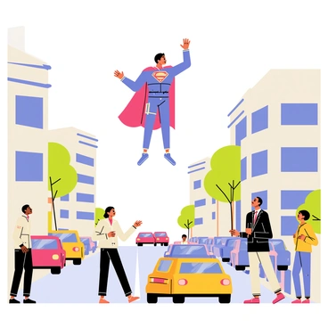A superhero wearing a bright red cape and a blue suit floats above a bustling street. The scene includes a variety of pedestrians, men and women of diverse backgrounds, looking up with expressions of amazement on their faces. Below, cars in different colors are driving past, with some stopping to take in the sight. Buildings line the street, showcasing a mix of modern and classic architectural styles. The sky is clear, allowing sunlight to illuminate the scene and emphasize the hero's defiance of gravity.