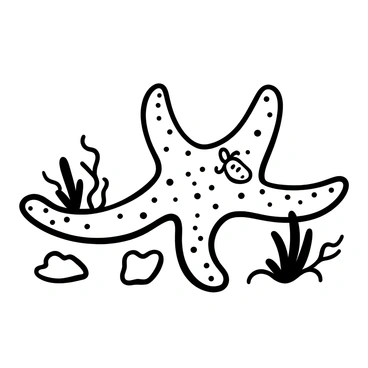 A krill resting on the arm of a large starfish that is sprawled out on the sea floor. The starfish has several distinct arms, showcasing detailed texture and patterns on its surface. Surrounding the starfish are small rocks and pieces of coral, adding to the ocean floor environment. Soft seaweed sways gently nearby, hinting at a gentle water movement in the background.