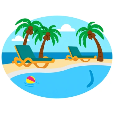 A luxurious poolside scene with a clear blue swimming pool reflecting the sunlight. Stylish Art Deco loungers in shades of teal and gold are placed around the pool, some with plush cushions. Tall, lush palm trees sway gently in the breeze, their green fronds casting playful shadows on the ground. In the background, a bright blue sky is dotted with a few fluffy white clouds. A colorful beach ball floats near the edge of the pool, adding a playful touch to the scene.
