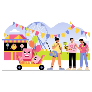 A lively carnival scene with a juice box enjoying rides and games.