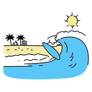 A surfer with a blue surfboard is riding a large, curling wave. The ocean is vibrant with shades of blue and white foam cascading down the wave. The sun is shining brightly in a clear sky, casting warm light over the scene. The beach in the background features fine, golden sand with a few scattered beach towels and umbrellas. Palm trees can be seen lining the shore, gently swaying in the light breeze.