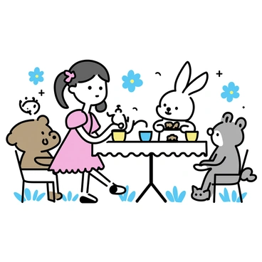 A girl with pigtails is dressed in a frilly pink dress, sitting at a white table covered with a lace tablecloth. She is pouring tea from a delicate teapot into colorful cups. Surrounding her are various stuffed animals, including a large brown bear, a fluffy white bunny, and a small gray cat. Each stuffed animal is seated in miniature chairs, holding tiny plates of pastries. The scene is set in a garden with blooming flowers and a bright blue sky.