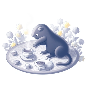A niffler sitting on a patterned tablecloth. The niffler has a shiny black coat and a long snout, curiously inspecting the tiny teacups arranged around it. The teacups are filled with steaming tea and are delicately adorned with intricate designs. There are several small pastries placed on the table, including mini cakes and pastries, each with unique shapes. The setting is filled with an assortment of vibrant flowers, providing a cheerful ambiance. The niffler’s eyes are wide with excitement as it reaches for one of the pastries with its paws.