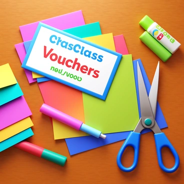 A craft class voucher displayed prominently. Surrounding the voucher are a pair of scissors with a shiny metal blade and colorful handles. There are various sheets of vibrant papers in multiple colors, some curled at the edges, indicating recent use. The workspace is neatly organized, featuring a large wooden table with a textured surface. Scattered around are additional crafting tools such as glue sticks and markers, creating an inviting atmosphere for creativity.