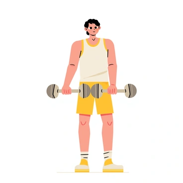 A person is standing upright, performing lateral raises with a pair of vintage dumbbells. The individual has a determined expression, showcasing focused effort. They wear a sleeveless workout shirt and shorts, both in bright colors typical of retro fashion. The dumbbells are classic, with a metallic sheen and oversized round ends. The background features a subtle gradient, emphasizing the motion of the exercise.