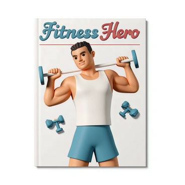 A vintage fitness magazine cover from the 1950s, showcasing a muscular man performing a shoulder press workout. The man has short, slicked-back hair and wears a sleeveless white tank top and blue shorts. He is standing in a strong pose, with a barbell held above his head, showcasing his defined muscles. In the background, there are stylized graphics of weights and dumbbells, adding to the retro theme. The magazine title, written in bold, vintage font, reads "Fitness Hero" at the top of the cover. The overall color palette includes bright reds, blues, and whites, typical of the 1950s aesthetic.