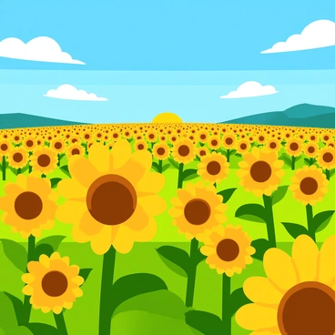 A vast field of golden sunflowers with large, round petals and dark centers, all oriented towards the bright sun. The sunflowers are tall, standing in neat rows across the landscape, creating a vibrant yellow sea. The sky above is bright blue with a few fluffy white clouds scattered throughout, allowing the sunlight to illuminate the blossoms below. The entire scene is filled with a sense of warmth and brightness.