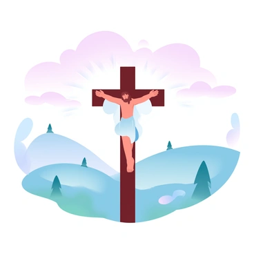 A figure of Jesus is depicted on a wooden cross, arms extended and positioned upright. The cross is set against a backdrop of rolling hills that undulate gently in the distance. The sky above is filled with gradient pastel colors, transitioning softly from soft pinks to light blues. The hills are adorned with patches of greenery and sparse trees, creating a serene landscape. Subtle rays of light are visible emanating from behind the hills, enhancing the overall ambiance.