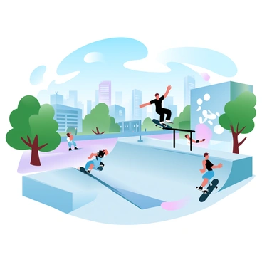 A group of skateboarders are showcasing various tricks at a vibrant city skatepark. One skateboarder is executing a jump over a railing, while another is sliding down a ramp. The skatepark features colorful graffiti on the walls, with large abstract shapes and patterns. In the background, tall buildings rise against a clear blue sky. Lush green trees are visible around the skatepark, and a few spectators are watching the performances from benches nearby. Bright sunlight casts dynamic shadows on the concrete surface.