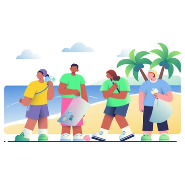 A group of five volunteers is picking up plastic litter on a sunny beach. They are wearing colorful t-shirts, with one wearing a bright yellow shirt, another in green, and the third in blue. Each volunteer is holding a grabber tool and a large trash bag filled with discarded plastic items. The beach has soft, golden sand and gentle waves lapping at the shore. In the background, there are a few palm trees swaying in the light breeze, and a clear blue sky overhead with a few fluffy white clouds. Some scattered seashells can be seen near the volunteers' feet.