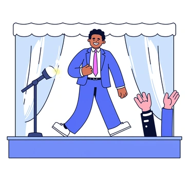 A person wearing a formal suit and tie is leaving the stage. They have a big smile on their face, showing a sense of accomplishment. Bright stage lights illuminate them as they walk confidently towards the edge of the stage. In the background, a microphone is still visible on the stand, and a small audience can be seen applauding. The backdrop of the stage is a simple curtain, adding to the focus on the person.