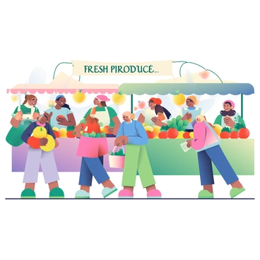 A bustling local farmers market with colorful stalls and friendly vendors
