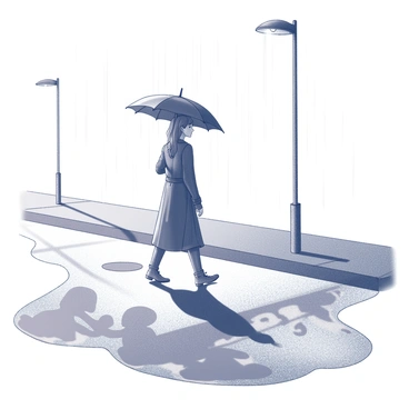 A lone figure walks down a street under a downpour, holding an umbrella above their head. The figure is dressed in a long coat that flutters slightly in the wind. The ground is slick and covered in puddles, reflecting faint outlines of a couple in an embrace, evoking memories of a past love. Streetlights cast a soft glow on the wet pavement, and raindrops splash against the ground, creating ripples in the puddles. The scene captures a sense of solitude and nostalgia as the figure continues their journey.