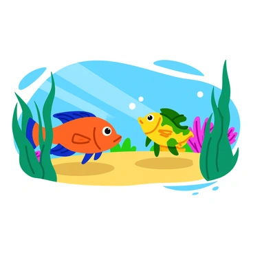 A pair of playful fish swimming energetically, one bright orange with blue stripes and the other yellow with green spots. They are engaged in a dynamic chase, weaving through tall, flowing seaweed that sways gently in the current. Sunlight filters down from the water's surface, creating dappled patterns on the sandy ocean floor. Small bubbles rise around them, adding to the lively atmosphere of the underwater scene. Colorful coral formations are visible in the background, enhancing the vibrancy of the environment.