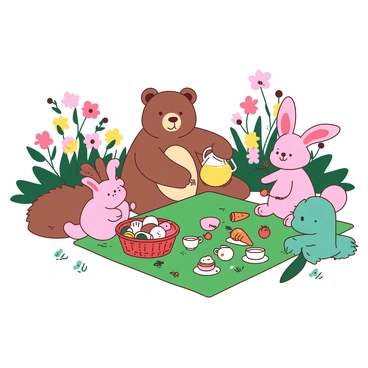 A cheerful picnic scene features a group of animals gathered on a green picnic blanket in the meadow. A brown bear is pouring lemonade from a yellow pitcher into small cups. A light pink bunny is happily nibbling on a carrot while sitting beside a red basket filled with sandwiches and fruit. Nearby, a teal squirrel is playfully tossing a small orange ball. The meadow is filled with vibrant flowers of various colors, creating a lively atmosphere around the picnic.