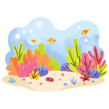 A vibrant coral reef with various shapes and sizes of coral formations in shades of orange, purple, and green. Numerous colorful fish, including yellow clownfish and blue tangs, swim among the corals. Small sea creatures such as starfish and sea urchins are scattered across the sandy ocean floor near the reef. Bubbles rise from the depths, creating a lively underwater atmosphere. Sunlight filters through the water, illuminating the scene with shimmering rays.