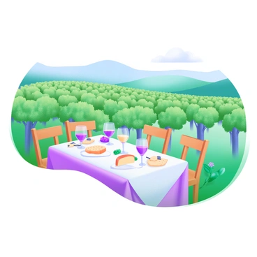 A picturesque vineyard landscape featuring rows of lush grapevines stretching into the distance. In the foreground, there is a central table elegantly arranged for a wine tasting event. The table is adorned with a clean white tablecloth and set with a variety of wine glasses, each filled with different shades of red and white wine. There are also several small plates with artisanal cheeses and crackers beautifully presented. Surrounding the table are carefully placed wooden chairs, each with a small bouquet of fresh flowers. The backdrop features rolling hills and a clear blue sky, completing the tranquil vineyard setting.