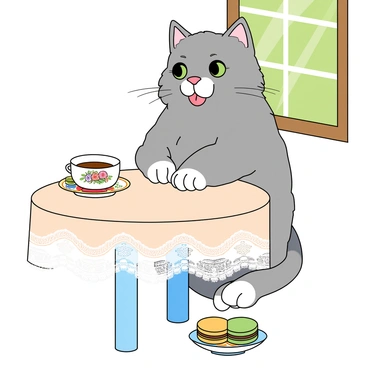 A fluffy gray cat with white paws is sitting upright at a small round table. The table is painted in pastel blue and has a delicate lace tablecloth draped over it. In front of the cat, there is a tiny porcelain teacup adorned with colorful floral patterns, filled with what appears to be tea. The cat has bright green eyes and a content expression, as if savoring the moment. Nearby, there is a small plate with a few colorful macarons stacked neatly. The setting includes a sunny window in the background, casting soft light onto the scene.