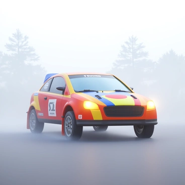 A rally car positioned at the starting line of a race. The car is painted in bright colors with sponsor logos on its sides. Fog blankets the ground, creating a misty atmosphere that obscures the surrounding landscape. The headlights of the car are on, cutting through the fog. The tires are slightly muddy, indicating preparation for the race. In the background, trees are partially visible through the mist, adding to the sense of a foggy morning.