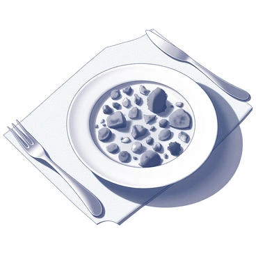 A round dinner plate is centered on a table. The plate is filled with a variety of microplastics in different shapes and sizes. The microplastics have a range of textures, some appearing smooth while others are jagged or irregular. They are in various shades of black and white, reflecting different types of plastic debris. A fork and knife are placed neatly on either side of the plate, and the background features a subtle tablecloth, emphasizing the contrast between the plate's contents and the dining setting.