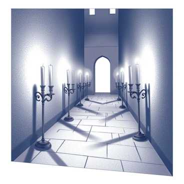 A shadowy castle corridor with flickering candlelight casting eerie shadows