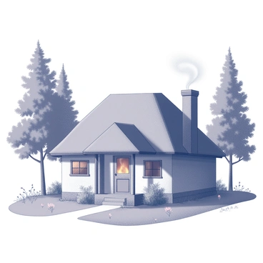 A cottage with a thatched roof is situated in a forest clearing. Smoke is curling from the chimney, indicating a fire inside. The cottage has wooden beams and a small porch with steps leading up to the entrance. Surrounding the cottage, tall trees provide shade, and patches of grass and wildflowers cover the ground. Soft sunlight filters through the leaves, casting delicate shadows on the cottage's exterior. The scene conveys a sense of warmth and tranquility.