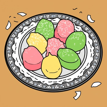 A round decorative plate with intricate patterns around the edges. On the plate, there is an assortment of colorful coconut candies in various shapes and sizes. The candies are coated in vibrant colors such as pink, green, and yellow, with some sprinkled with shredded coconut. Each candy has a glossy finish that catches the light. The plate is placed on a wooden table, and a few coconut shavings are scattered around it for added detail.
