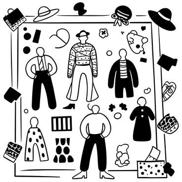 A fashion illustration board displaying a variety of bold patterns. The board includes multiple sketches of garments adorned with geometric shapes, stripes, and floral designs. Various fabric swatches in contrasting patterns are pinned around the sketches, adding texture and dimension. The background features an array of accessories such as hats and bags with similarly bold patterns, enhancing the overall playful theme.