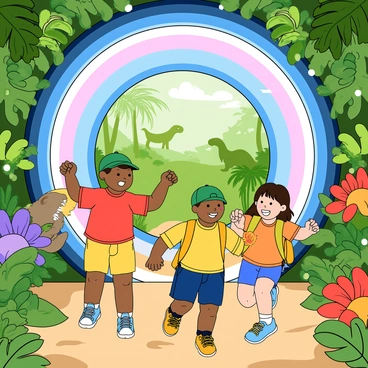 A group of four children, two boys and two girls, excitedly stepping through a swirling, vibrant time portal. The portal shimmers with shades of blue, pink, and yellow, creating a magical atmosphere. On the other side of the portal, a lush prehistoric jungle awaits. Tall, leafy ferns and oversized flowers in bright colors dominate the scene. In the background, a few dinosaur silhouettes can be seen roaming among the trees. The children are dressed in colorful shorts and t-shirts, with one boy wearing a green cap and another girl wearing a bright yellow backpack. Their expressions are filled with wonder and excitement as they enter this fantastical world.